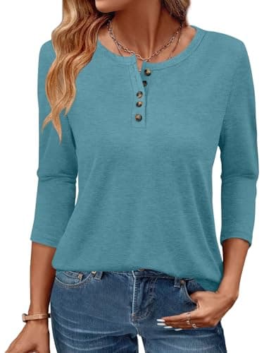 GKBK 3/4 Sleeve Womens Tops Fall Clothes Henley Casual Spring Summer Lightweight Basic Tunic Shirts Teal - Image 1