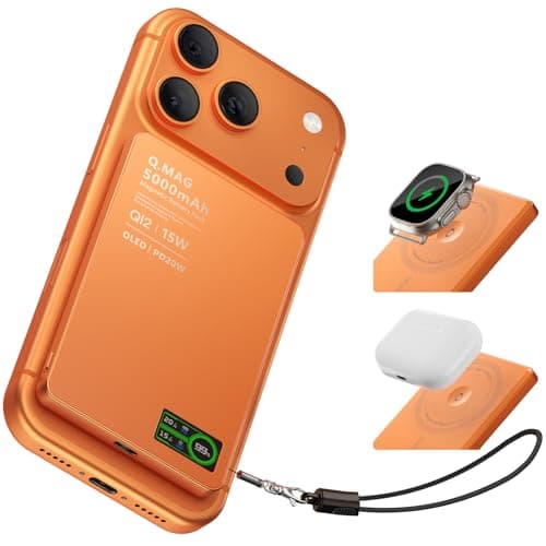Portable Charger for Apple Watch & iPhone 17/16/15/14, 5000mAh 15W Fast Wireless Magnetic Power Bank with Built-in USB-C Cable, Ultra Slim 3-in-1 Mag-Safe Battery Pack with Smart LCD Display, Orange
