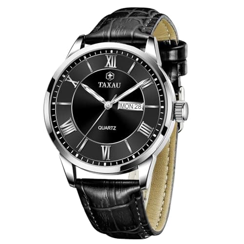 Taxau Mens Watch Black Leather Band Waterproof Watches for Men Casual Analog Quartz Dress Watch Large Face Men's Wrist Watch Classic Luxury Watches with Day Date Luminous - Image 1