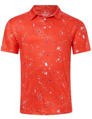 uideazone Mens Polo Shirt Athletic Dry Fit Golf Shirt Neon Orange Golf Polo Paint Splatter Moisture Wicking Polos M - Image 1