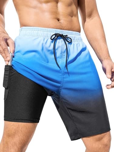 SILKWORLD Mens Swimming Trunks with Compression Liner 2 in 1 Quick-Dry Bathing Suits with Zipper Pockets, Gradient-Blue Black, Large - Image 1