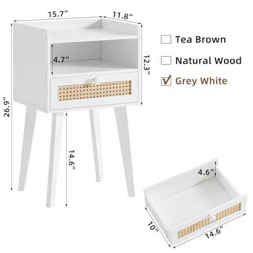 Lerliuo Rattan White Night Stand with Drawer Open Shelf, Cane Accent Nightstand Bed Side End Table with Solid Wood Legs, Boho Nightstands Bedside Tables for Bedroom Living Room Dorm and Small Spaces - Thumbnail 2