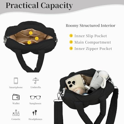 JHhomezeit Small Puffer Bag for Women, Crossbody Puffer Tote Bag Quilted Puffy Bags Satchel Shoulder Purse Fluffy Handbag (Black) - Thumbnail 4