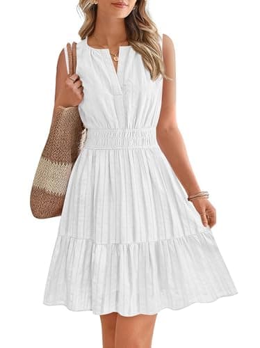 BTFBM Women’s Summer Dresses 2026 Sleeveless V Neck Casual Mini Dress Swing Boho A Line Beach Vacation Sundress Pockets(White, Large) - Image 1
