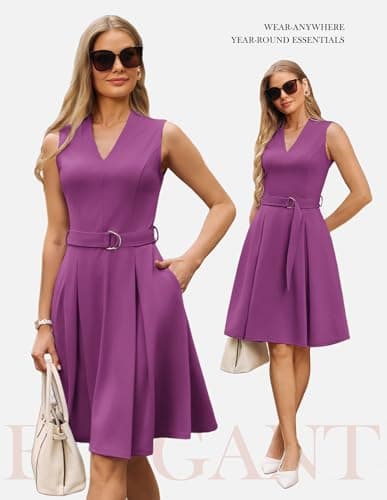 GRACE KARIN Women's Wear to Work Dresses 2026 Business Office Fit and Flare Midi Dress Church Outfits with Pockets Purple XXL - Thumbnail 3