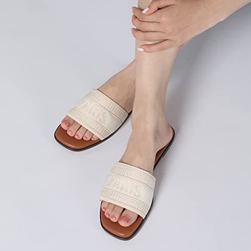 Athlefit Women's Slides Summer Fashion Slip On Flat Sandals Dressy Beige Size 5.5 - Thumbnail 2