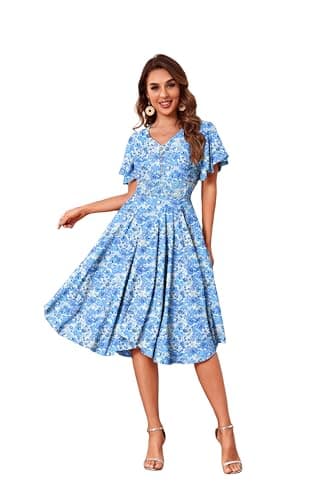 NERLEROLIAN Woman's Floral V Neck Button Elastic Waist Dress with Pockets (huaqunzi-39035-1,m) - Image 1