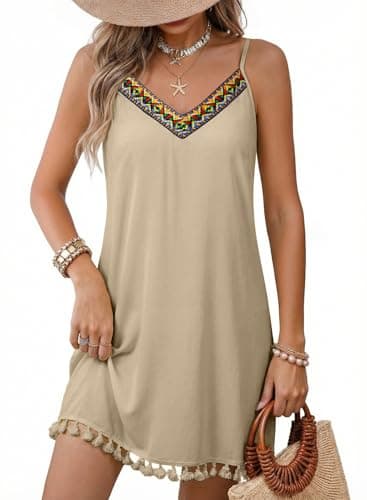 Dokotoo Summer Sundresses for Women 2026 Boho Tassel V Neck Embroidered Sun Dress Casual Spaghetti Straps Mini Beach Dress Beach Vacation Clothes Cruise Outfits Apricot Beige 2XL - Image 1