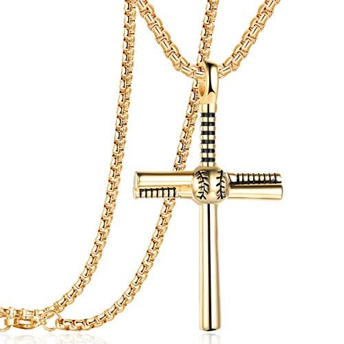 Rehoboth Men's Stainless Steel Baseball Bat Nail Cross Pendant Necklace 24 Inch Adjustable Chain for Women Men Gold