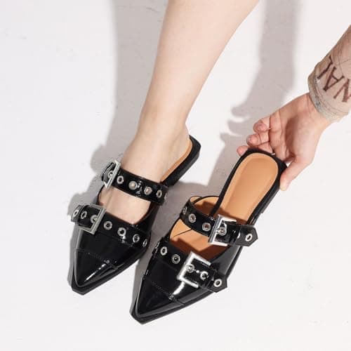 Grakihily Buckle Flats for Women Pointy Toe Wide Welt Buckled Mules Low Block Heel Slippers Mary Jane Shoes Comfortable Ballerina Flats - Thumbnail 2