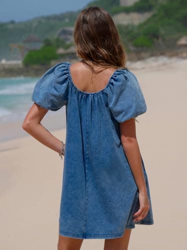 EXLURA Womens Summer Denim Short Puff Sleeve Dresses Knit Loose Plus Size Short Mini Dress 2026 Trendy Spring Outfits - Thumbnail 5