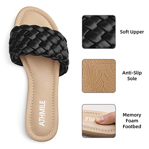 ATHMILE Braided Womens Sandals Round Open Toe Fashion Slide Sandals Women Dressy Summer Flat Beach Black Size 10 - Thumbnail 5