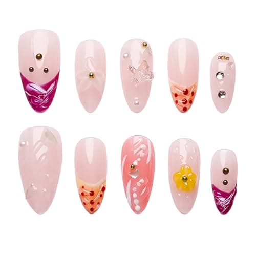 Tesytto 10 Pcs Almond Handmade Press On Nails - 3D Floral Gradient Color with Water Drop Butterfly Decor & Seashell,Hand-painted Light Pink Base for Spring Summer (Hand Painting, M) - Image 1