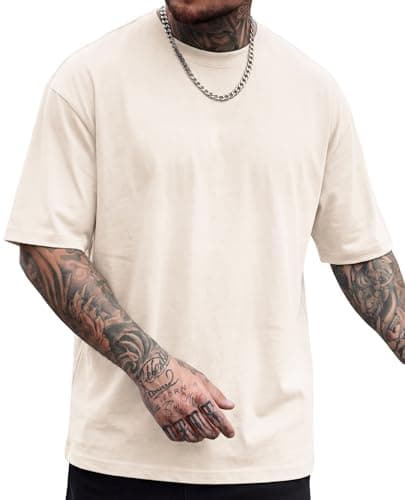 Vamtac Midweight Cotton T Shirts for Men Loose fit Short Sleeve Shirts Crewneck Tee Medium Beige Small - Image 1