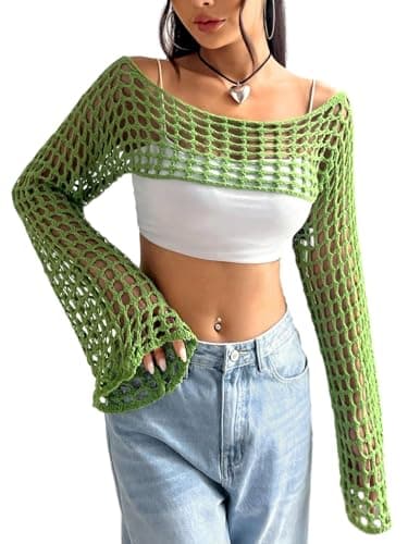 hathne Women Hollow Out Sweater Crop Flounce Off See Through Crochet Top Trumpet Long Sleeve Knit Top(Green,L) - Image 1