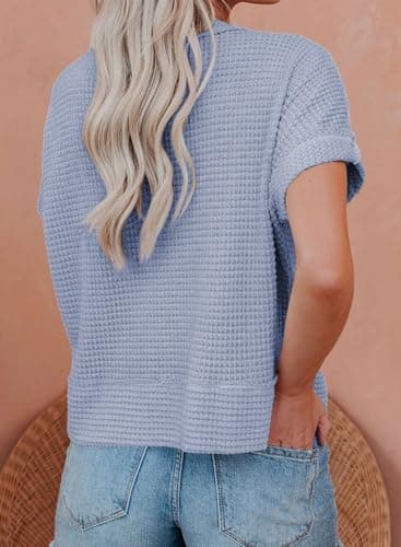 Dokotoo Women's Cardigan Short Sleeve Waffle Knit Shacket Solid Color Going Out Outfits Boyfriend Loose Fit Button Down Shirts V Neck Sky Blue Cropped Summer Tops X-Large - Thumbnail 2