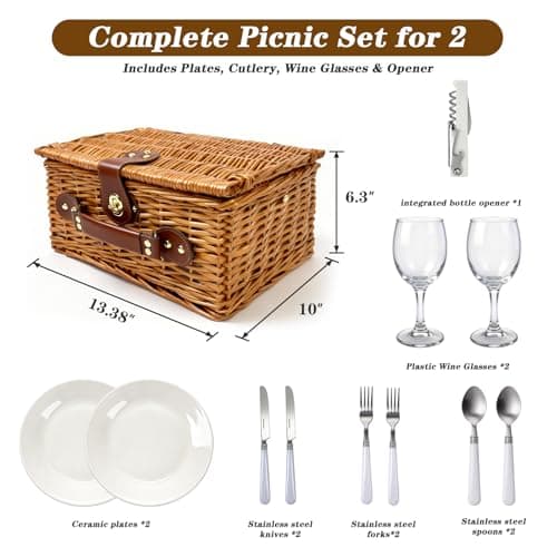 Picnic Basket Set for 2: Handmade Wicker Picnic Basket, Insulated Picnic Basket with Cutlery Kit for Outdoor, Picnic, Camping, Party, Holidays - Thumbnail 3