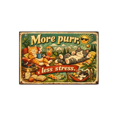 More Purr Less Stress Vintage Tin Sign Funny Cat Wall Decor Relaxing Kitten Illustration Retro Metal Plaque Cute Animal Art Home Office Wall 8x12 Inch Pre Drilled Holes - Image 1
