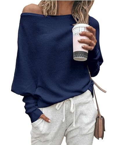 Zenlonr Women's Fall Sweaters 2026 Casual Long Batwing Sleeve Loose Off Shoulder Knit Pullovers Jumper Tops(Navy,Large) - Image 1