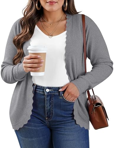 TIANZHU Women’s Cropped Knit Cardigan Plus Size V Neck Lightweight Sweater Casual Work Trendy Outfits, Gray, XXL - Image 1