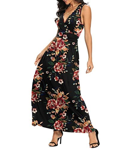 LILBETTER Women's Sleeveless Casual Loose Pocket Maxi Party Long Dresses with Pockets(F Brown Floral Black,X-Large) - Thumbnail 4