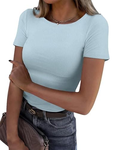 GKBK Crew Neck Short Sleeve Tops for Women Ribbed Fitted Tight Shirts Layering Top Basic Tee Tshirts Cute Summer Tops Casual Spring Clothes Outfits 2026 Trendy Light Blue - Image 1