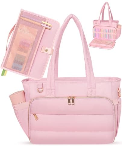 VAYOQON Puffer Tote Bag for Women, Large Quilted Handbag with Laptop Compartments, Work, College, Church & Bible Bag (Pink)