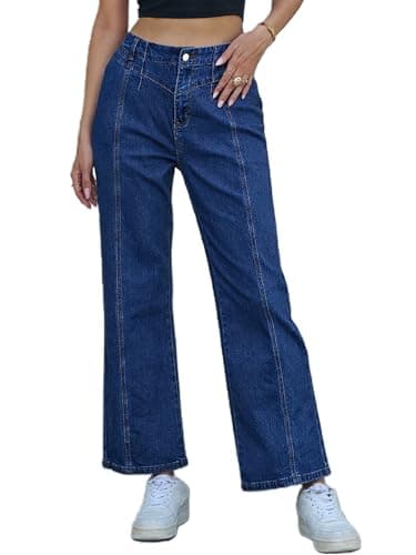 PEIHOT Wide Leg Jeans for Women High Waisted Straight Leg Stretchy Jeans Seamed Paneling Denim Pants Fall Dark Blue - Thumbnail 2