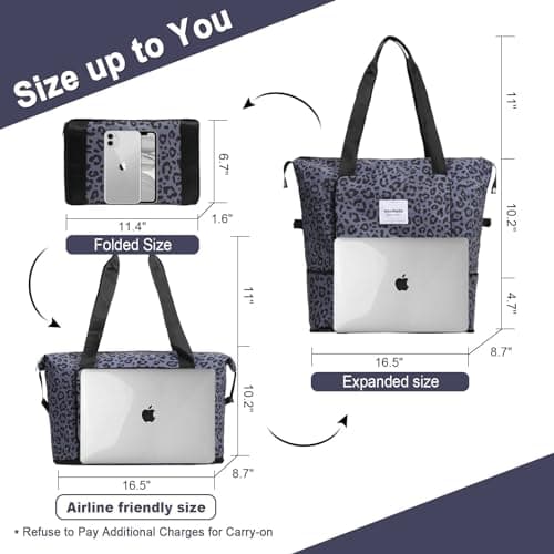 WOOMADA Foldable Travel Duffel, Weekender Bag with Expandable Space, Carry-On for Airplanes, Gym Bag for Women (Black Leopard) - Thumbnail 2