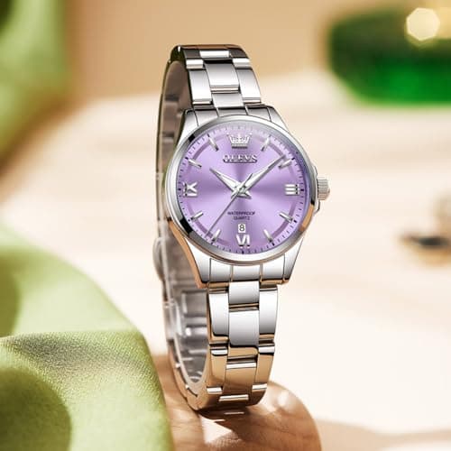 OLEVS Watch Women Luxury Dainty Simple Purple Small Watches for Women Tiny Elegant Vintage Ladies Watch with Date Silver Stainless Steel Waterproof Minimalist Analog Bracelet Women's Wrist Watches - Thumbnail 3