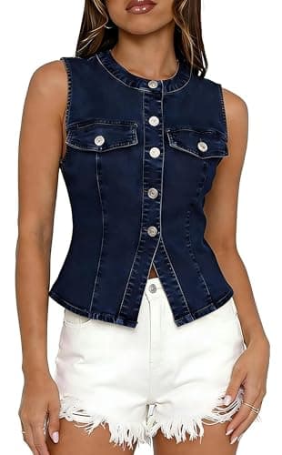 POTILI Womens Denim Vest Tops Button Down Sleeveless Fitted Jean Tank Tops for Women Summer Trendy Casual Waistcoat - Image 1