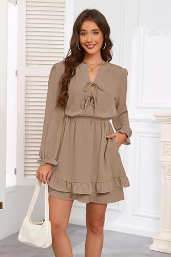 Angashion Women's Tie Front Mini Dress: V Neck Long Sleeve Elastic Waistband Layer Ruffle Hem Short Dress with Pockets Khaki X-Large - Thumbnail 6
