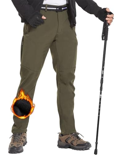 MOURCE Fleece Lined Mens Hiking Pants Zip Pockets, Winter Snow Pants Men Water Resistant, Army Green M - Image 1