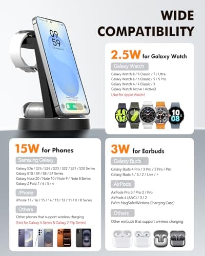 Wireless Charger for Samsung: 3 in 1 Charging Station for Samsung S26/S25/S24/S23/S22/S21, Note 20/10, Z Fold 6/5, Galaxy Buds 4/3/2 Pro, Galaxy Watch Ultra/8/7/6/5-Android & iPhone 15W Charging Dock - Thumbnail 3