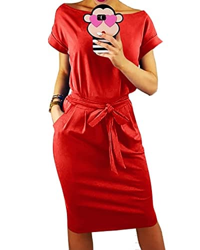 PRETTYGARDEN Women's Summer Short Sleeve Crewneck Striped Dress Basic Solid Tie Waist Office T Shirt Dresses Pockets(Red,X-Large) - Image 1