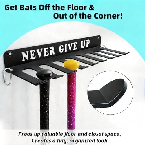 Conwithna Baseball Softball Bat Holder Wall Mount Storage Rack Metal Hanger Home Field Organizer Equipment Sports Hook Hanging Holds 14 Bats Carabiners Included Never Give UP - Thumbnail 5