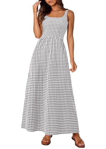 PRETTYGARDEN Women's 2026 Summer Spaghetti Strap Maxi Dresses Plaid Square Neck A Line Casual Beach Vacation Long Sundress (Grey,XX-Large) - Image 1