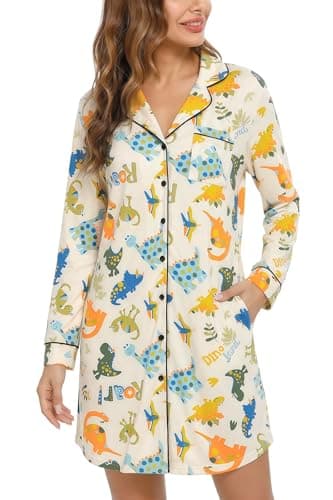 LovinPet Dinosaur Print Button Front Sleepshirt Nightgown for Women, Long Sleeve Boyfriend Pajama Dress with 3 Pockets, Notch Collar, Curved Hem Loungewear, Orange, XL - Image 1