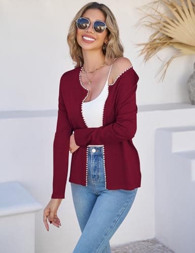CiCiBird Women Lightweight Open Front Sweater Cardigan Pearls Trim Knit Jacket Trendy Long Sleeve Clothes Coatigan Burgundy M - Thumbnail 4