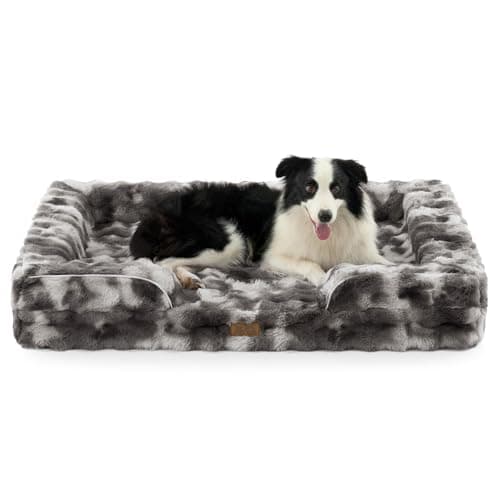 COZY KISS Orthopedic Dog Bed for Extra Large Dog, Soft and Warm Faux Fur Sofa for Giant Pet Up to 150 lbs, Foam Bolster Anti-Slip Couch with Washable Removable Cover, XXL 48x35x8 inch, Tie Dye Grey - Image 1