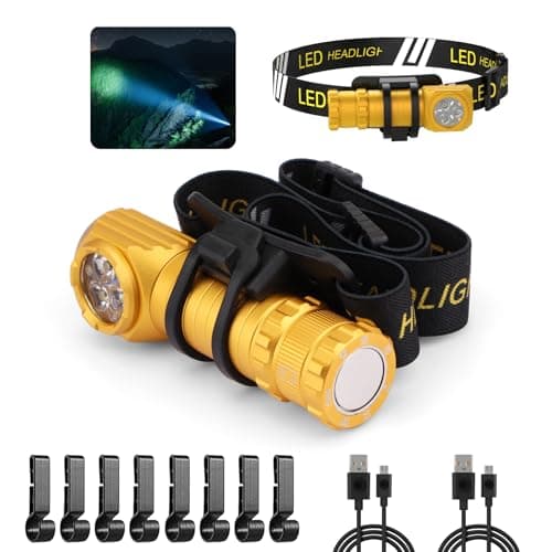 Spriak High Lumens LED Rechargeable Headlamp for Adults - Hard Hat Light Running Head Lamp with Red Light, Magnet, 180° Tilt, 7 Modes, Detachable Flashlight & Headband, Outdoor, Emergency 2PC, Gold
