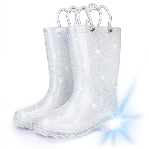 Funspread Toddler Rain Boots - Glitter Light Up Kids Rain Boots with Easy-On Handles, Lightweight Waterproof Rain Shoes Glitter White Size 8 - Image 1