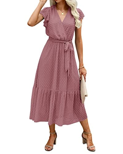 BTFBM Women Summer Bohemian Floral Casual Wrap V Neck Ruffle Cap Sleeveless Belt A-Line Pleated Hem Swing Midi Sun Dress (Swiss Dot Bean Paste Red, XX-Large) - Image 1