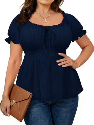Beautife Womens Plus Size Tops Square Neck Puff Short Sleeve Blouse Ruffle Babydoll Peplum Smocked Cute T Shirts Navy - Image 1