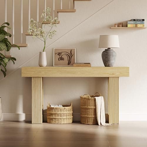 63"L x 33"H x 12"D Console Table, Ribbed Fluted Entryway Table, Japandi Thick Wood Design Oak Sofa Table Behind Couch, Scandi Wood Texture Hallway Entrance Table Valentine's Day, Natural Oak - Thumbnail 3