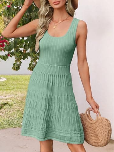 MEROKEETY Women's Summer Sleeveless Mini Dress 2025 Casual Crewneck Crochet A Line Flowy Tank Sundress, PeaGreen, X-Large - Thumbnail 4