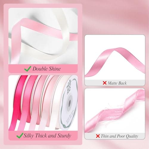 woric Double Faced Pink Satin Ribbon 3/8 Inch x 5 Rolls Total 50 Yards, 10 Yd/Roll Craft Thin Ribbon for Easter Gifts Decorations Flower Bouquet Gift Wrapping Hair Bows Baby Bridal Shower Wedding - Thumbnail 2