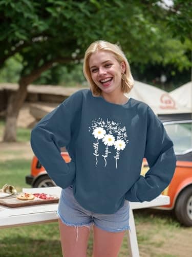 Ladicme Christian Sweatshirts For Women Oversize Faith-Hope-Love Daisy Graphic Pullover Top Casual Loose Fit Tops Blue - Thumbnail 2