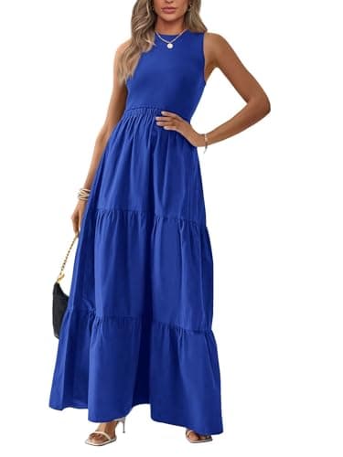 BTFBM Women Sleeveless Summer Dresses Wedding Guest Maxi Dresses Ribbed Knit Tops and Polyester Skirt with Pockets(Solid Blue,Large) - Image 1