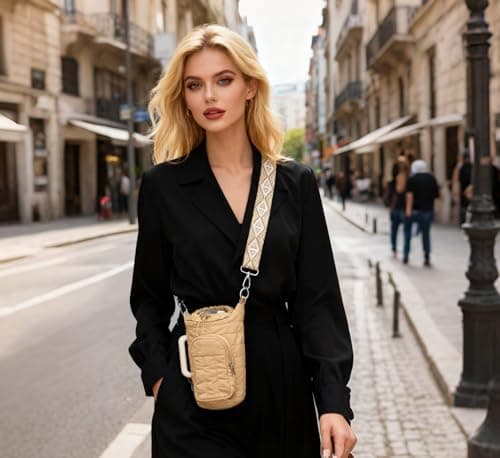 WOOMADA Water Bottle Holder Bag with Strap, 40/32 oz Crossbody Bag Gym Accessories, Sling Purses for Women(Khaki) - Thumbnail 2